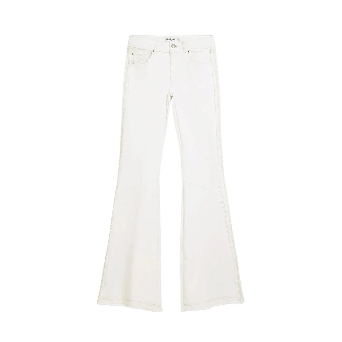 Desigual Women Beige Cotton Stretch Fringe Flare Wide Leg Jeans by Desigual
