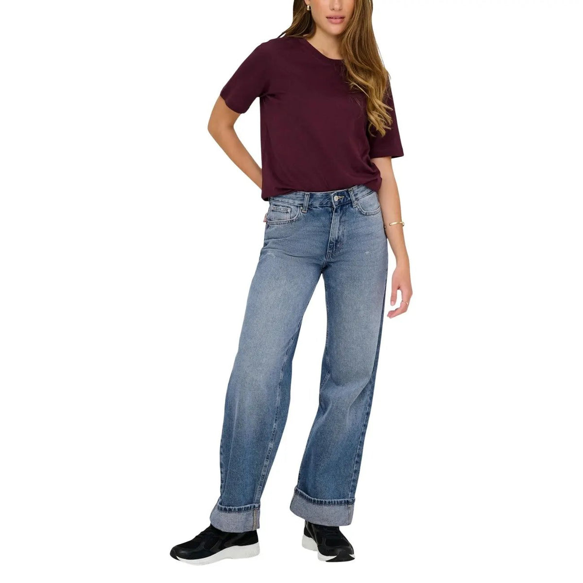 Only Women Wide Leg Fold Up Blue Denim Jeans Cotton Comfortable Fit by Only