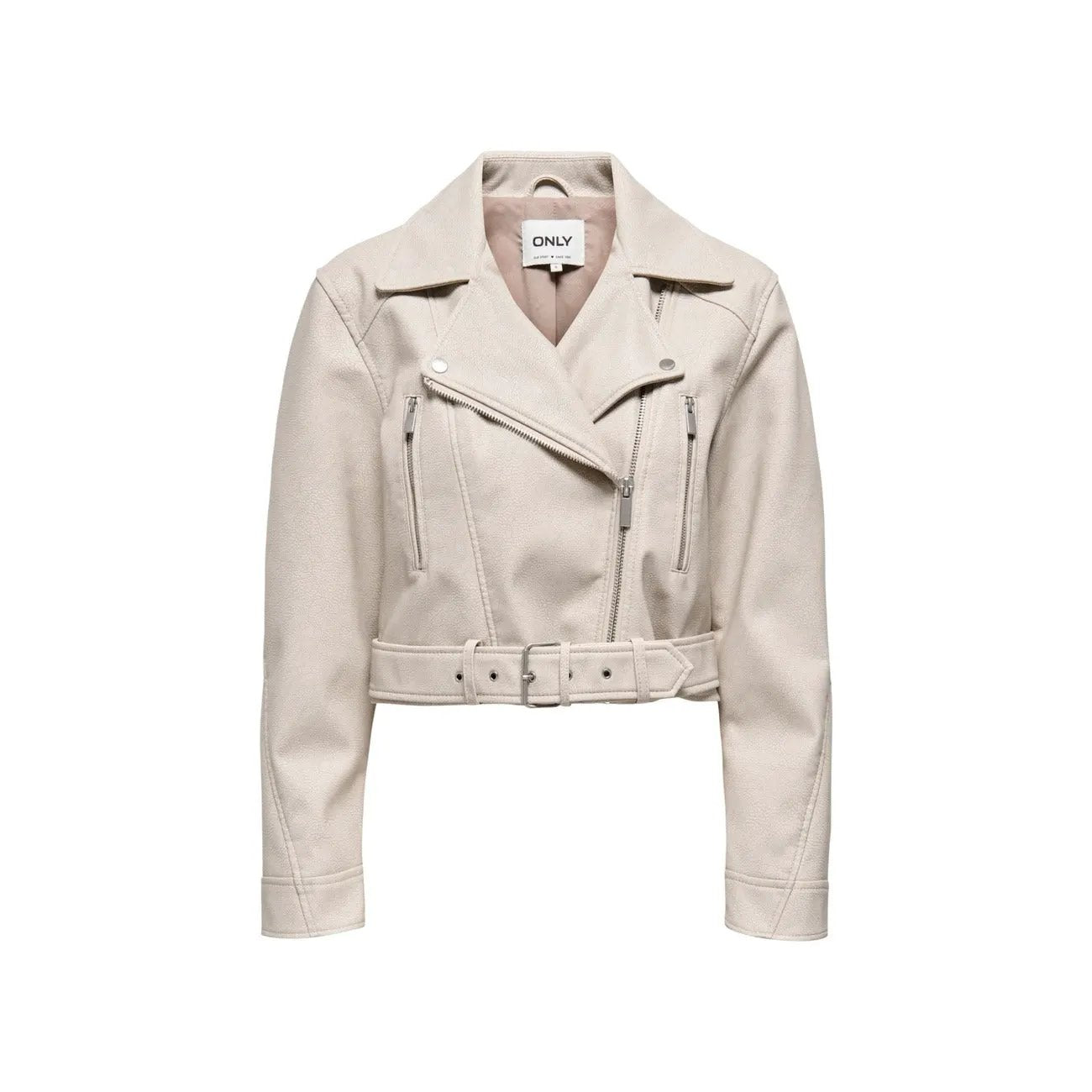 Only Women Beige Belted Lapel Collar Zip Front Blazer Jacket by Only
