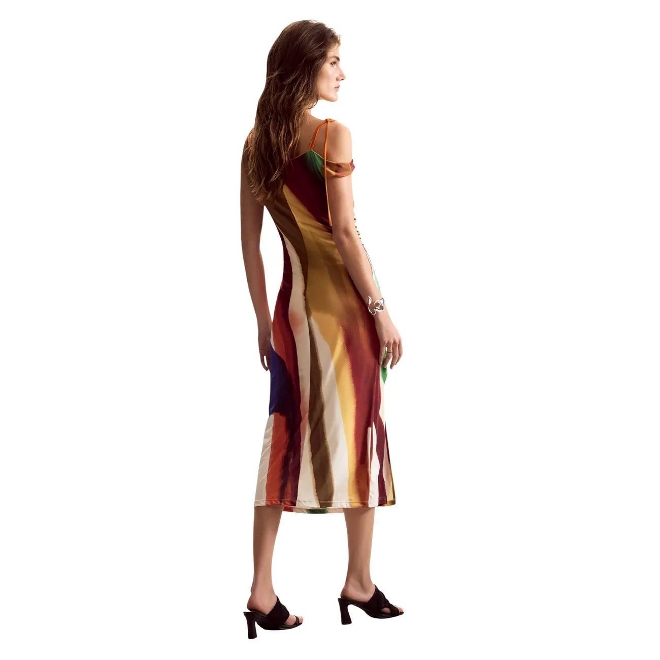 Desigual Women Vibrant Striped Cold Shoulder Ruched Stretch Midi Dress by Desigual