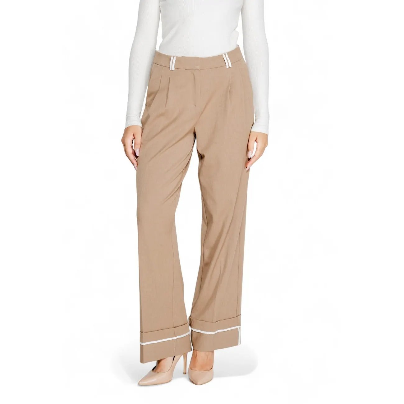 Only Women Brown Wide Leg Trousers Elegant Stretch Comfort Fabric by Only