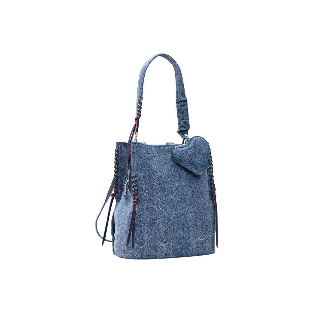 Desigual Women Blue Cotton Handbag with Zip Fastening Heart Charm Pockets by Desigual