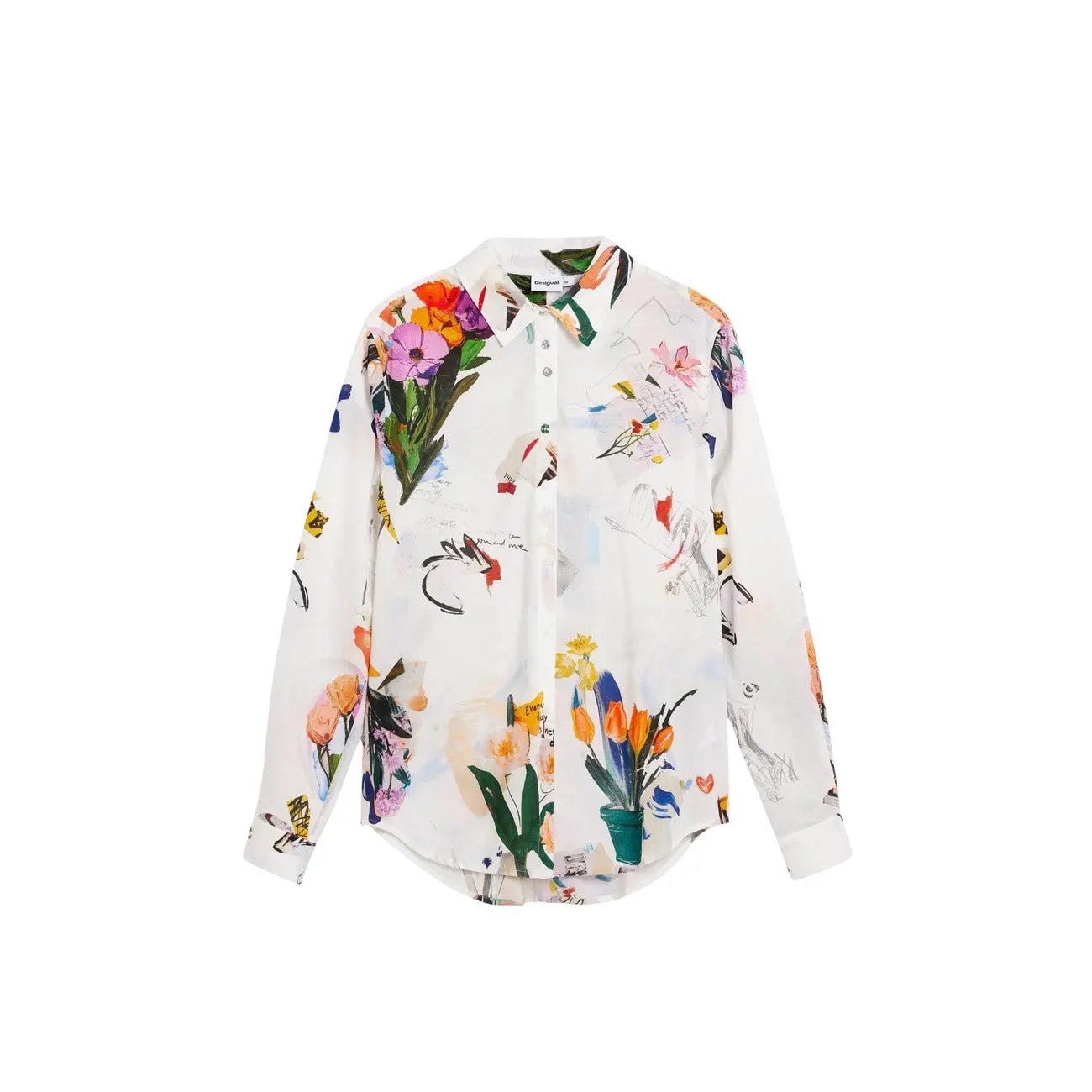 Desigual Women White Floral Print Long Sleeve Cotton Button Shirt by Desigual