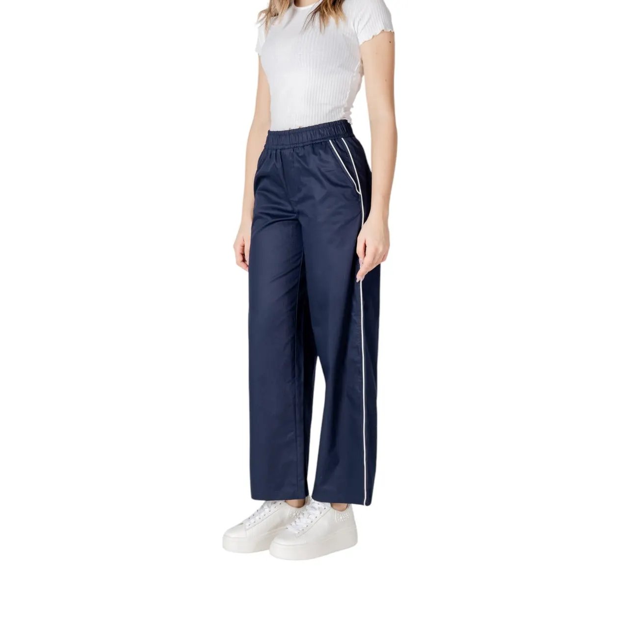 Only Women Comfortable Wide Leg Cotton Trousers Blue Casual Style by Only