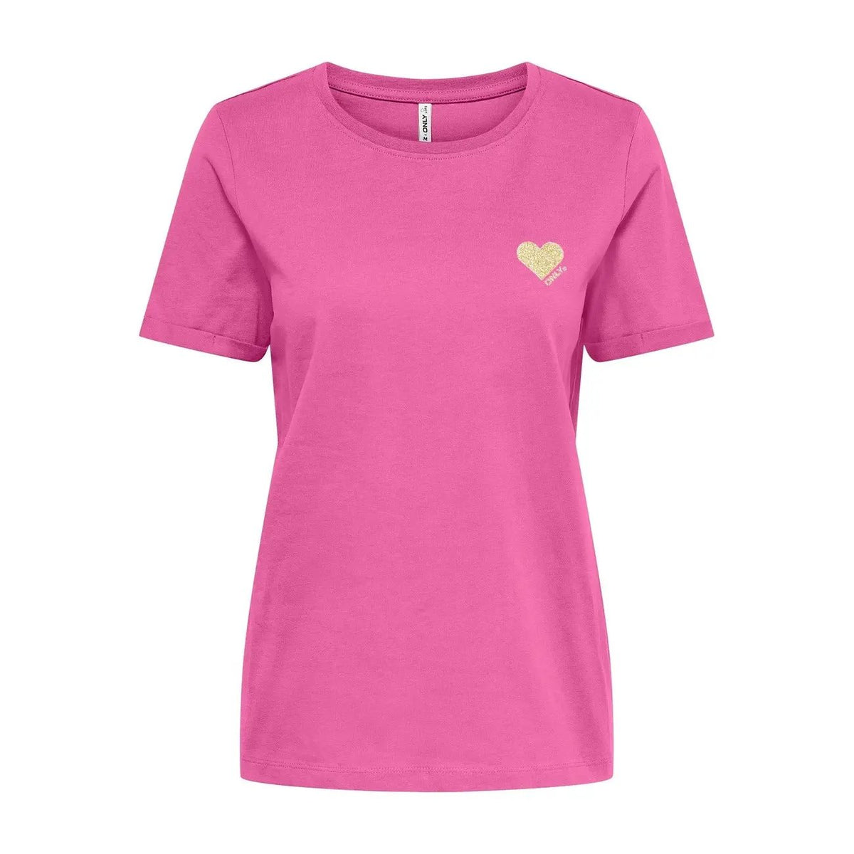 Only Women Pink Pure Cotton T Shirt Glitter Heart Print Short Sleeve Summer Top by Only
