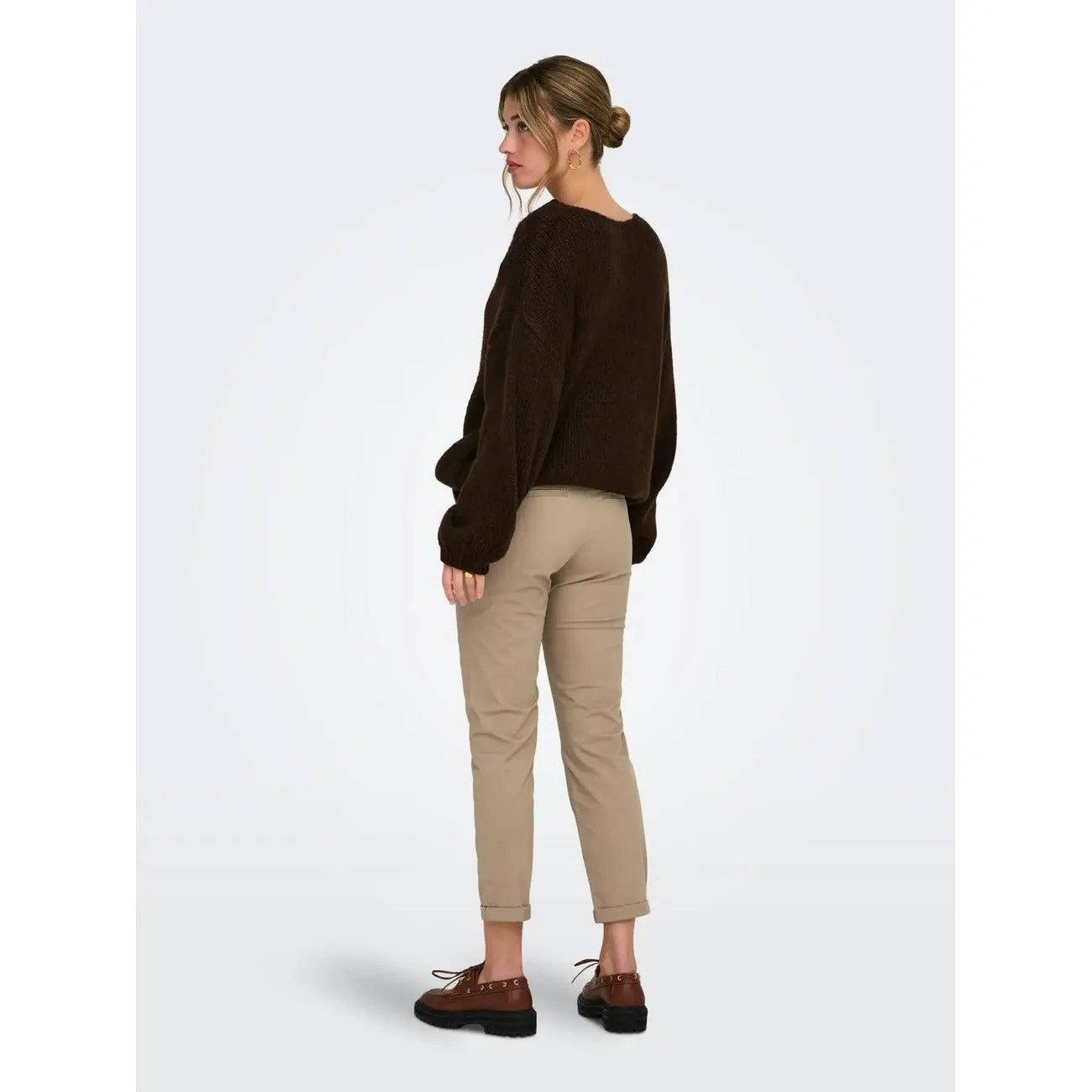 Only Women Cotton Stretch Trousers Comfortable Straight Fit Brown by Only