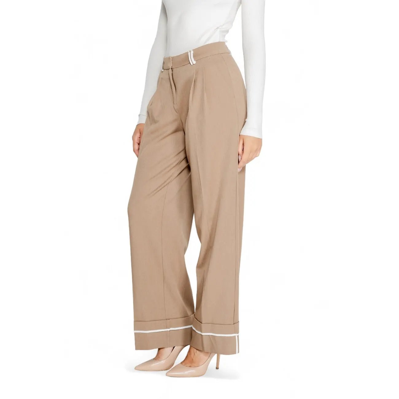 Only Women Brown Wide Leg Trousers Elegant Stretch Comfort Fabric by Only