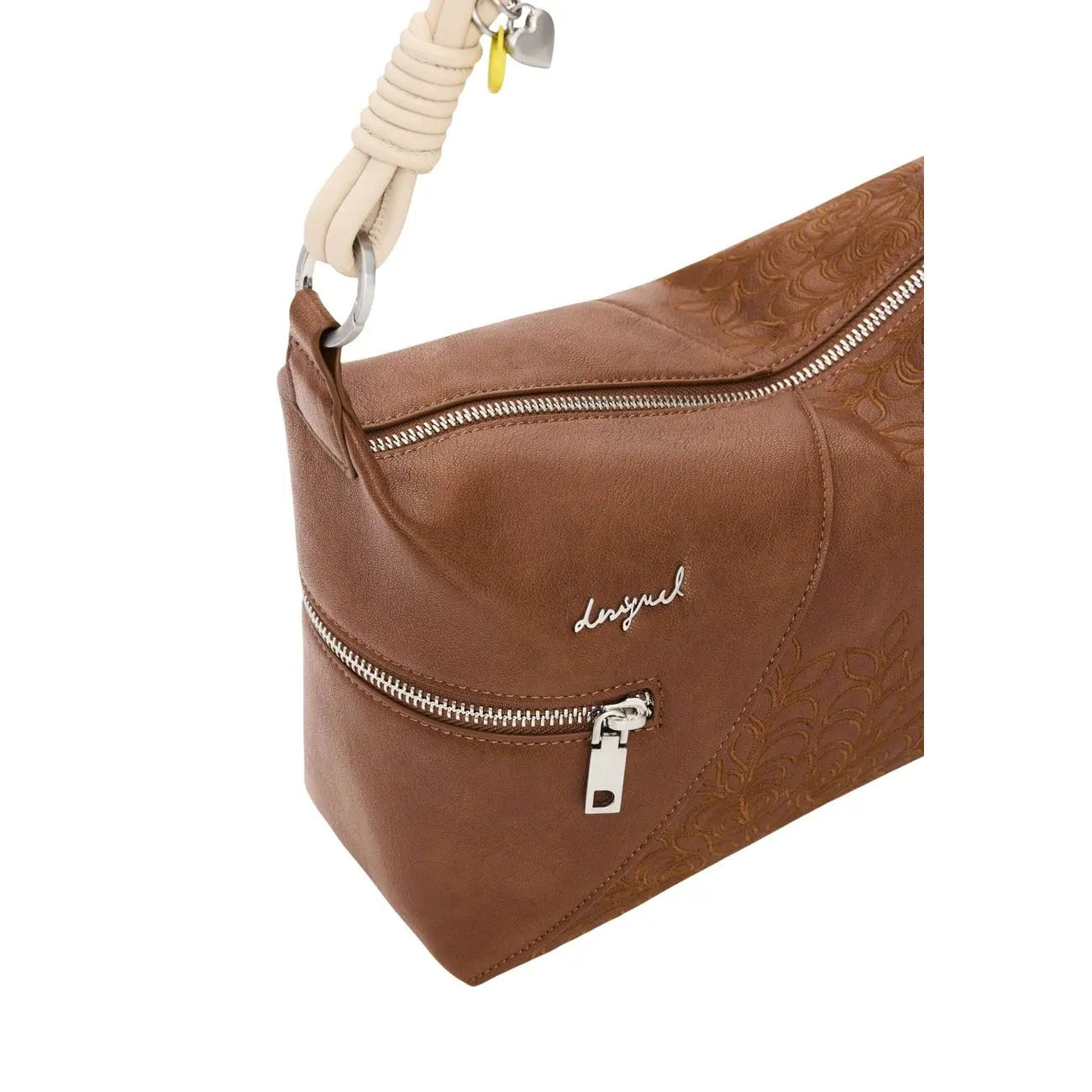 Desigual Women Camel Embossed Shoulder Bag With Knot Handle Zip Pockets by Desigual