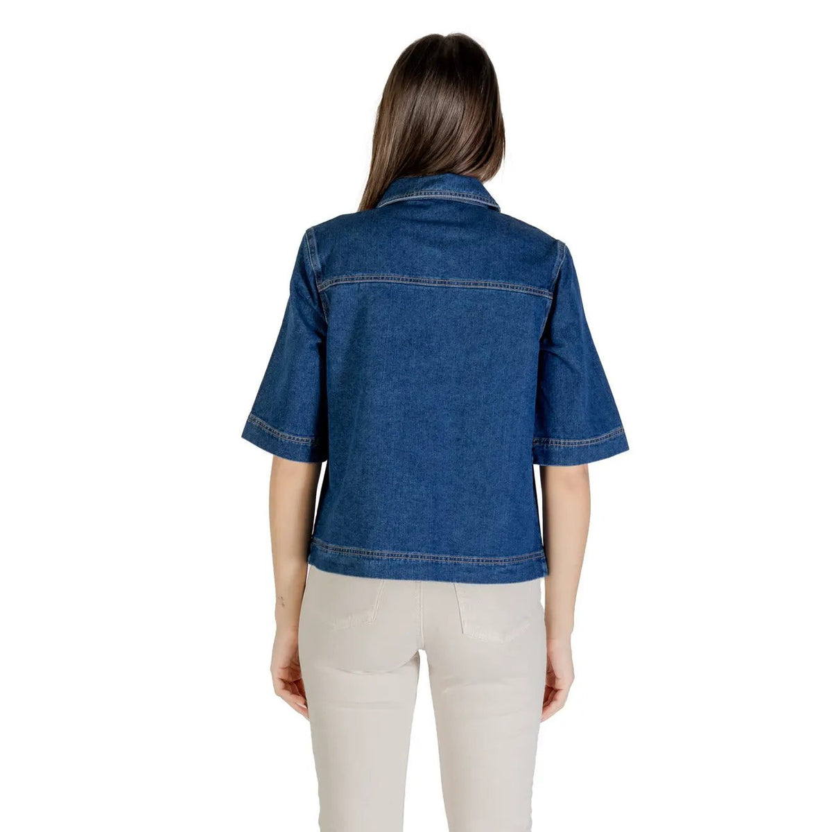Stylish Only Women Blue Denim Shirt Short Sleeve Classic Cotton Top by Only