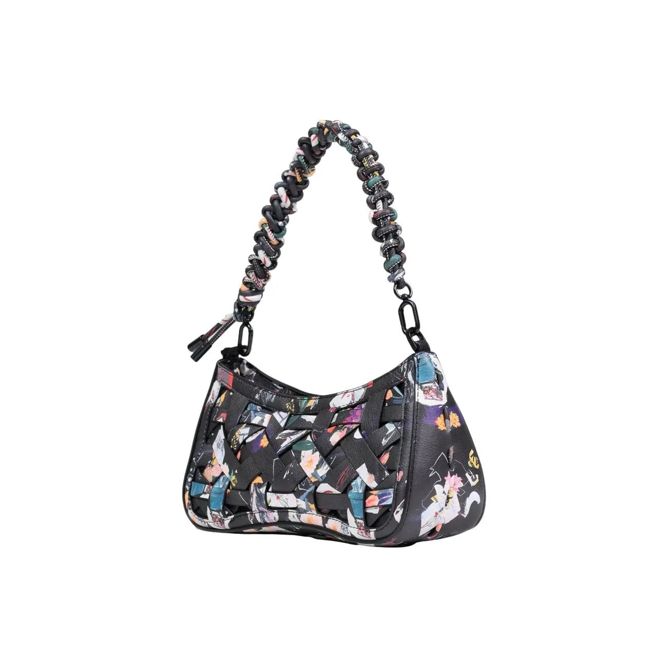 Desigual Women Black Woven Shoulder Handbag With Zip And Braided Handle by Desigual