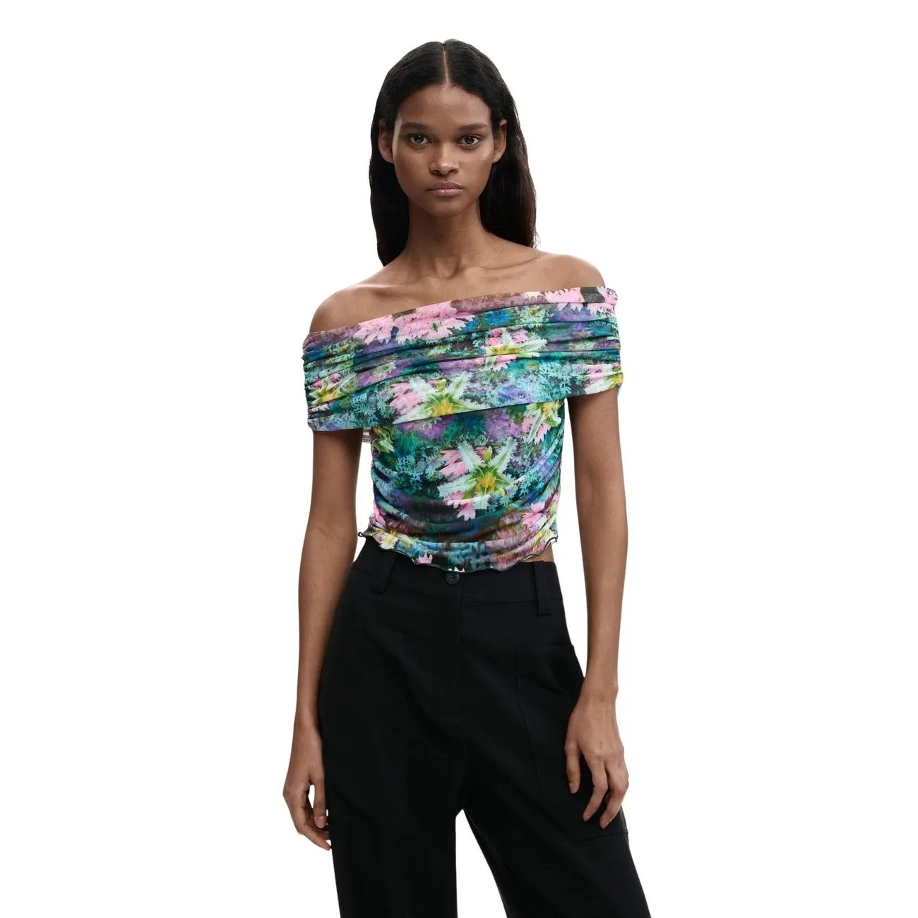 Stunning Desigual Women Floral Print Boat Neck Stretchy Summer Top by Desigual
