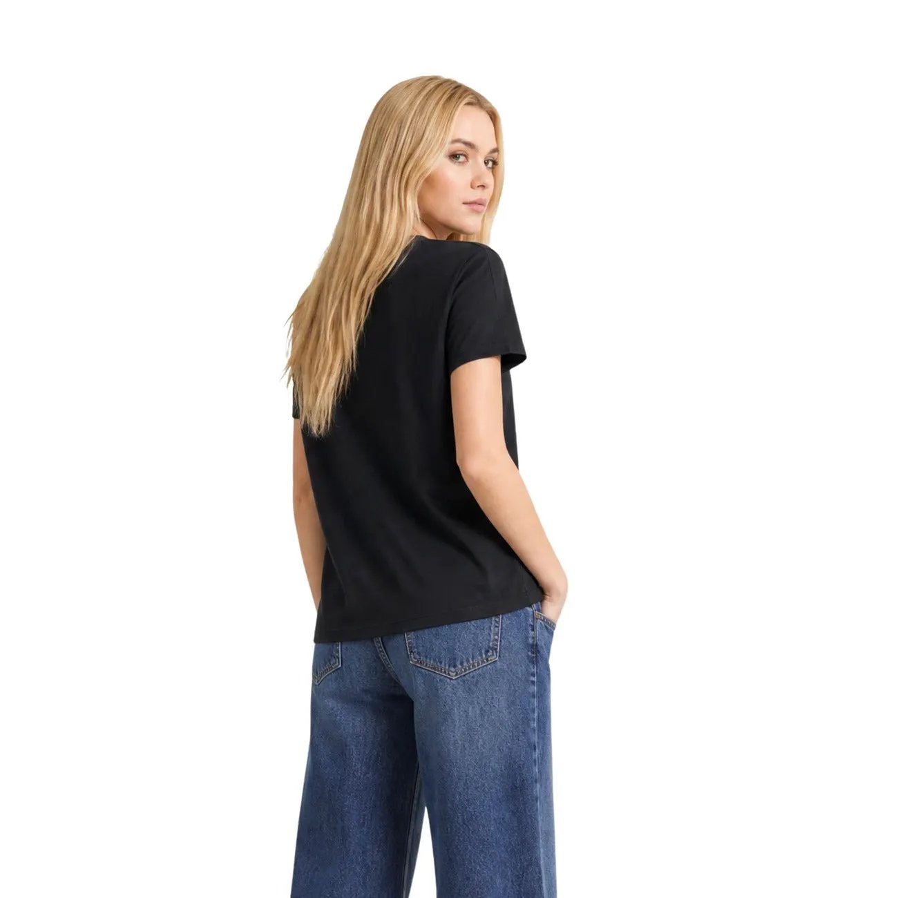 Only Women Black Bling Round Neck Short Sleeve Organic Cotton Shirt by Only