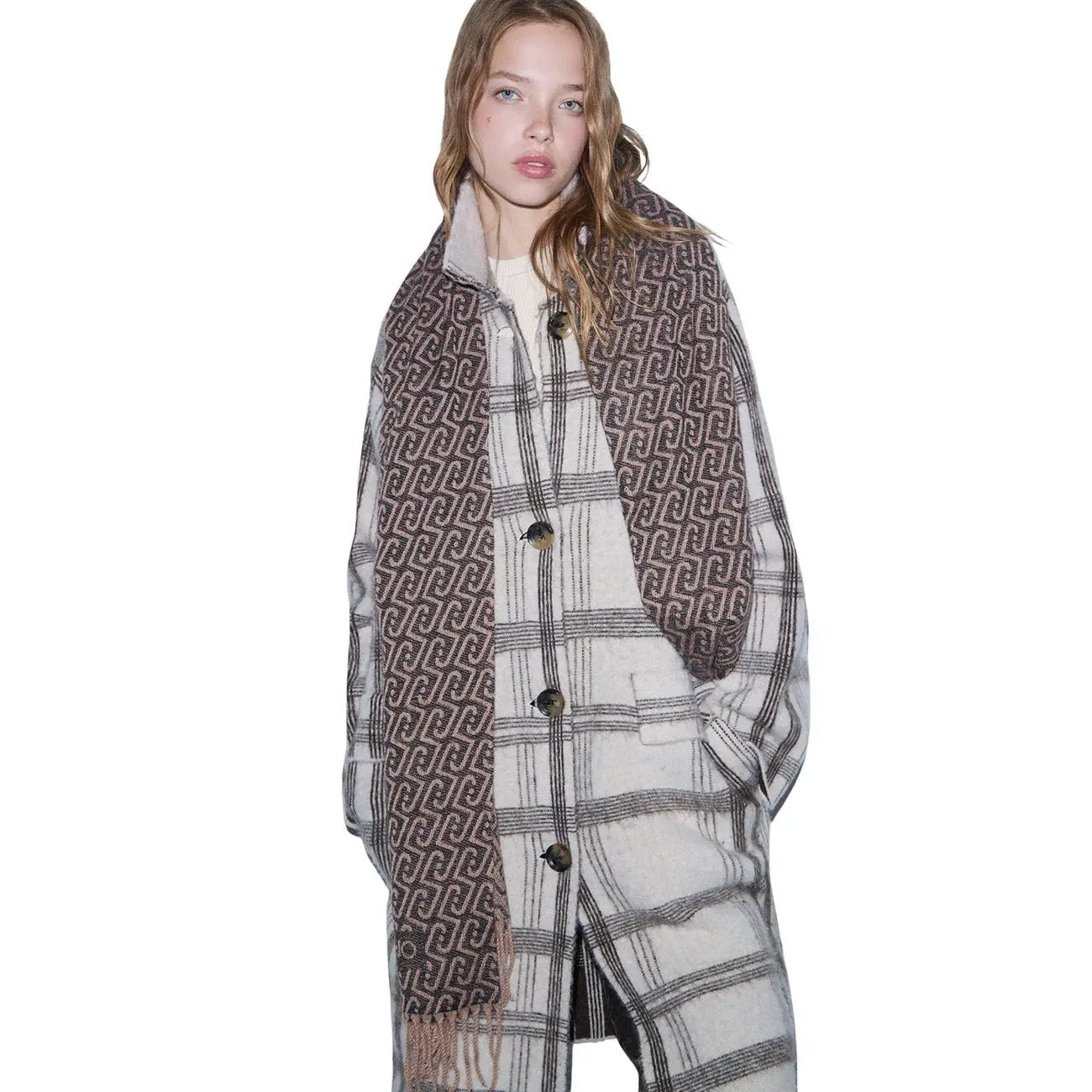 Liu Jo Women Elegant Grey Patterned Winter Scarf Shawl With Fringe Detail by Liu Jo