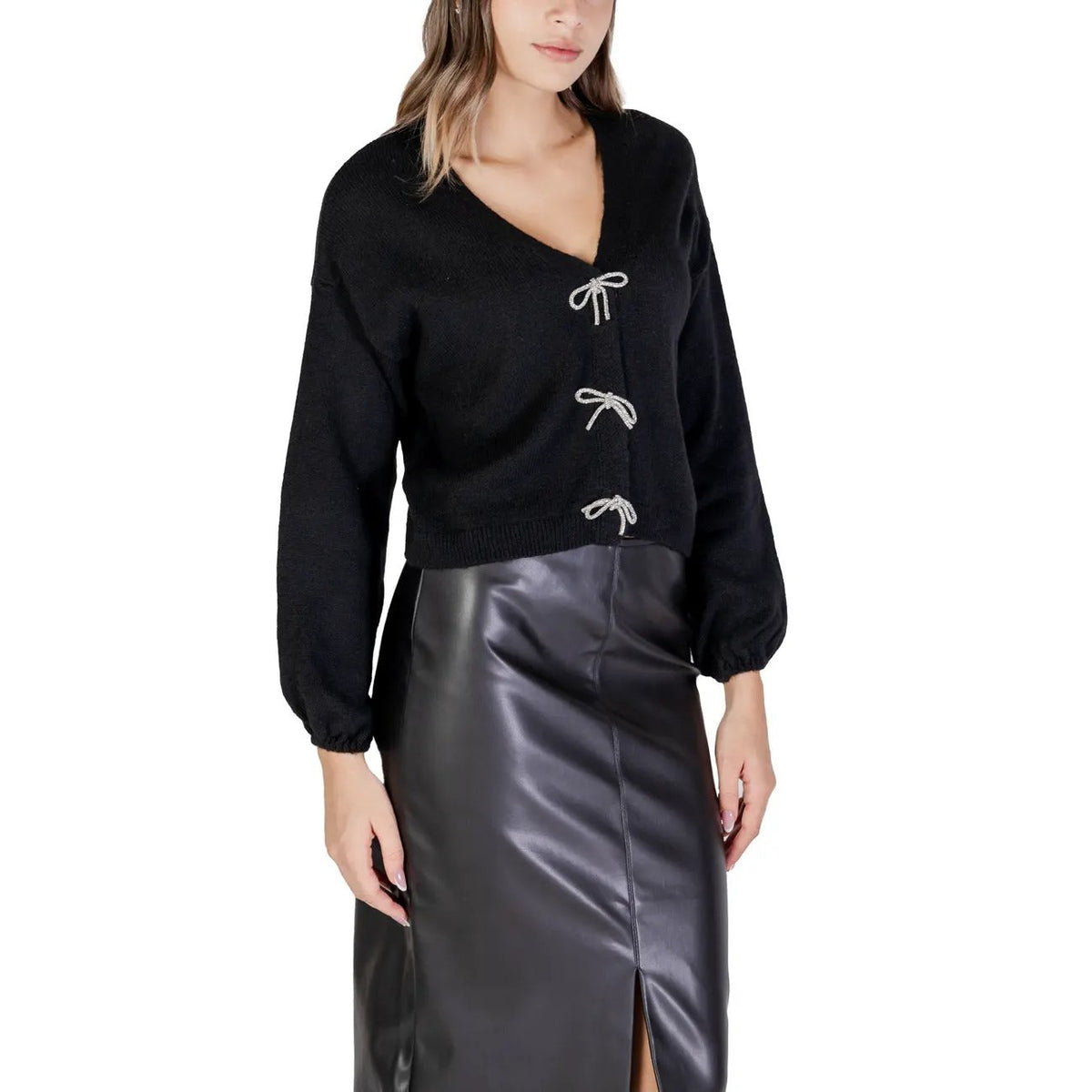 Only Women Black V Neck Knitwear Cardigan With Bow Detail Long Sleeve by Only