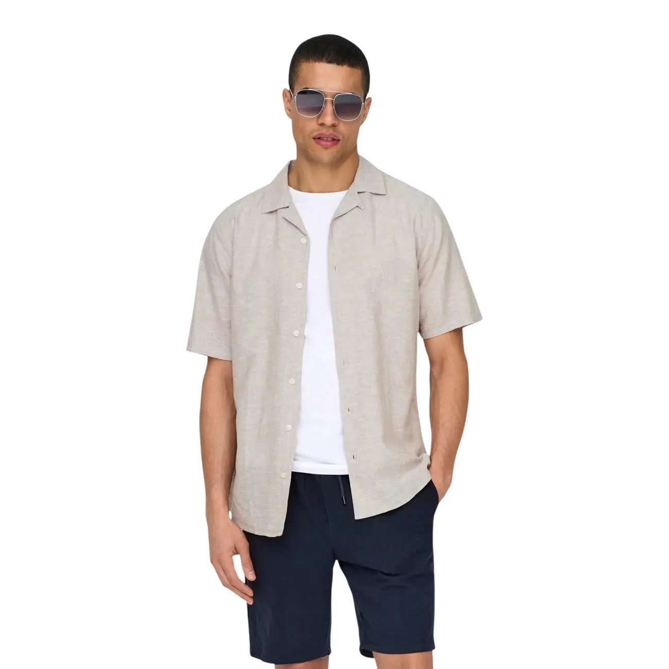 Only and Sons Men Beige Lightweight Short Sleeve Cotton Linen Shirt by Only & Sons