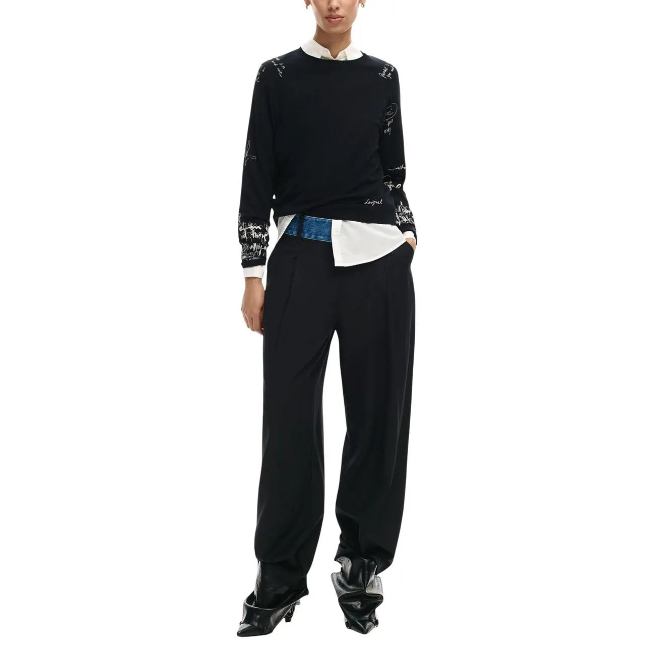 Desigual Women Elegant Black Script Print Long Sleeve Knitwear Sweater by Desigual
