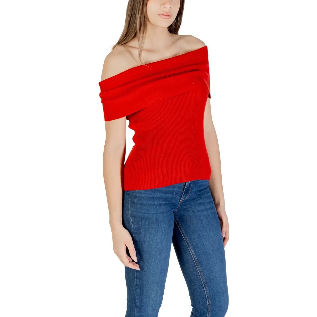 Only Women Red Stylish Off-Shoulder Knitwear Top Sleeveless Cotton Blend by Only