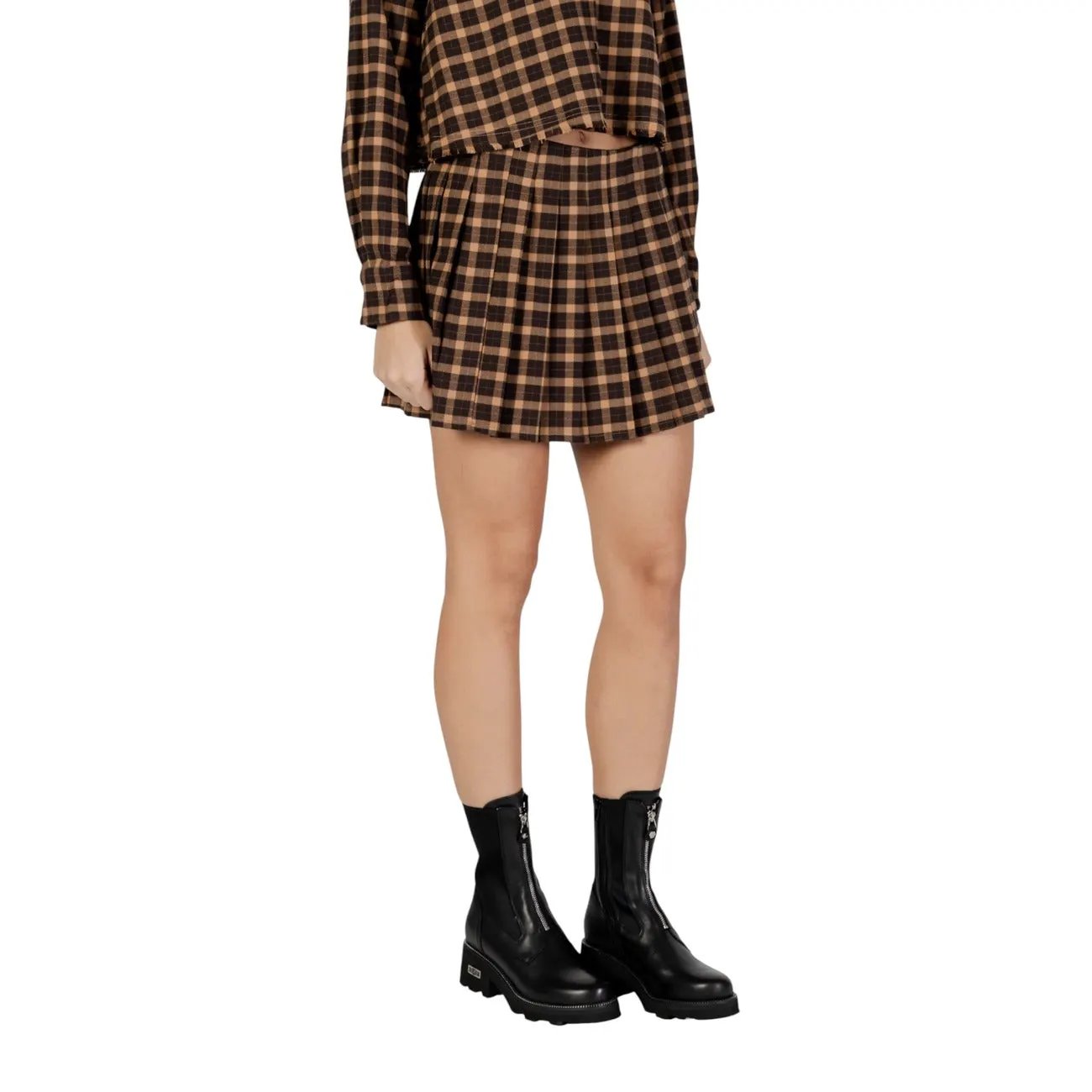 Only Women Stylish Pleated Checked Mini Skirt Brown Zip Comfortable Fit by Only