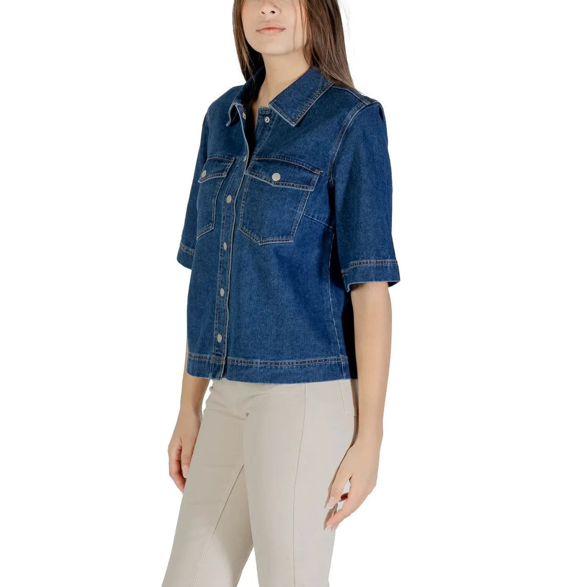 Stylish Only Women Blue Denim Shirt Short Sleeve Classic Cotton Top by Only