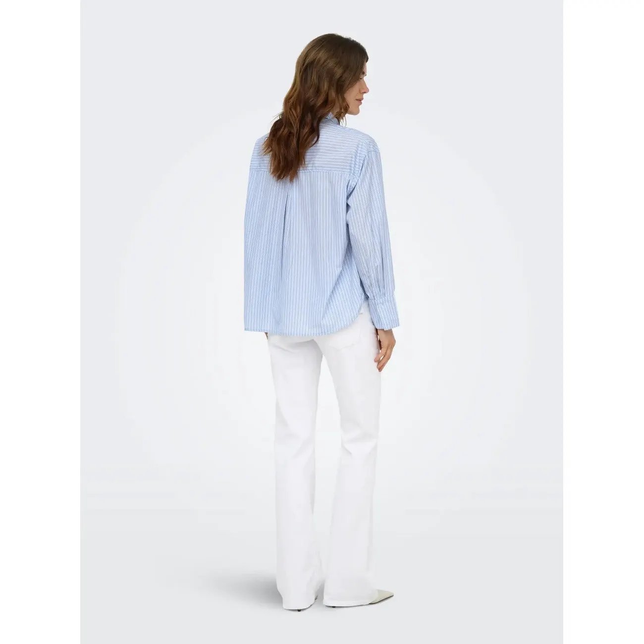 Only Women Elegant Light Blue Striped Classic Neck Tie Long Sleeve Shirt by Only