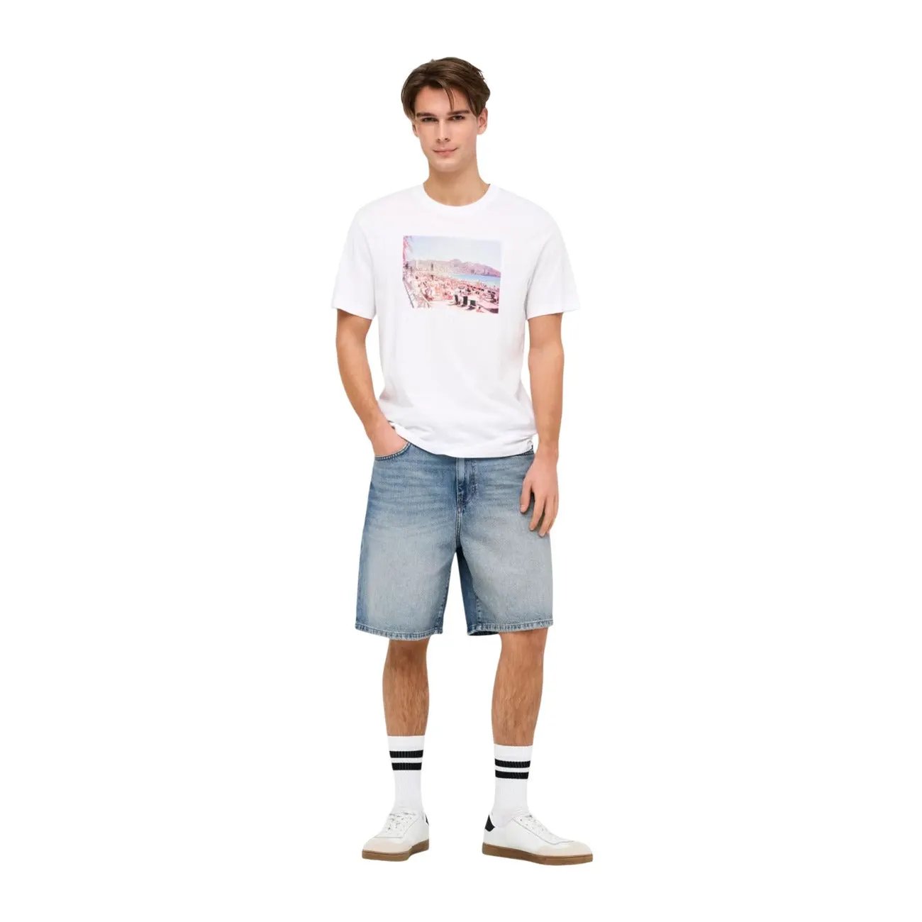 Only & Sons Men Blue Organic Cotton Denim Shorts Zipper and Button Closure by Only & Sons