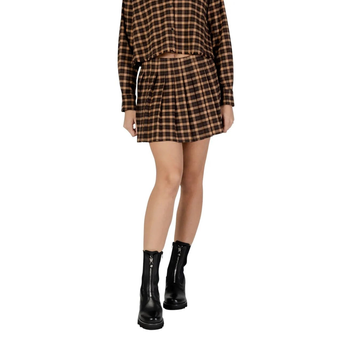 Only Women Stylish Pleated Checked Mini Skirt Brown Zip Comfortable Fit by Only