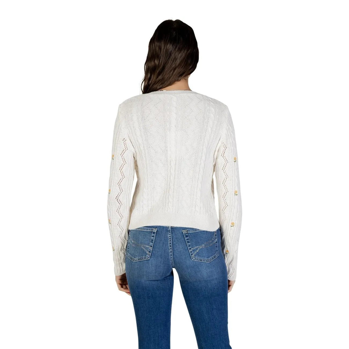 Only Women Cozy White Floral Cable Knit Sweater Long Sleeve Round Neck by Only