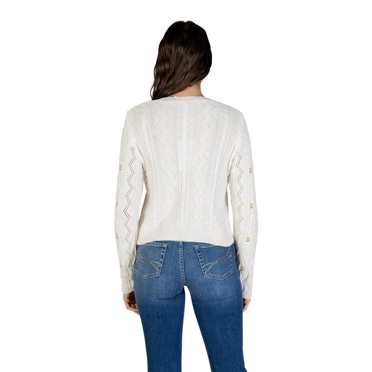 Only Women Cozy White Floral Cable Knit Sweater Long Sleeve Round Neck by Only