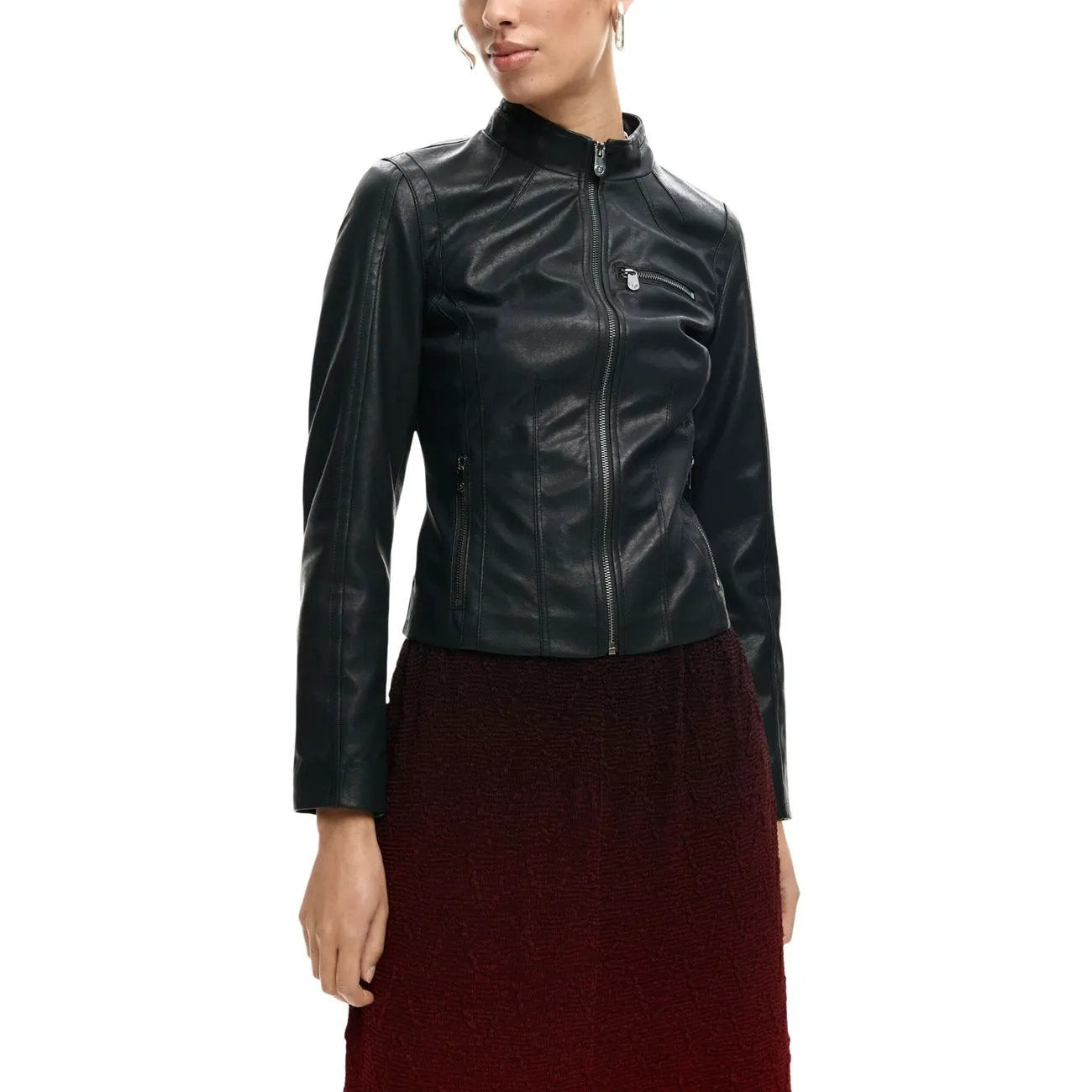 Desigual Women Elegant Black Zip Faux Leather Turtleneck Long Sleeve Blazer by Desigual