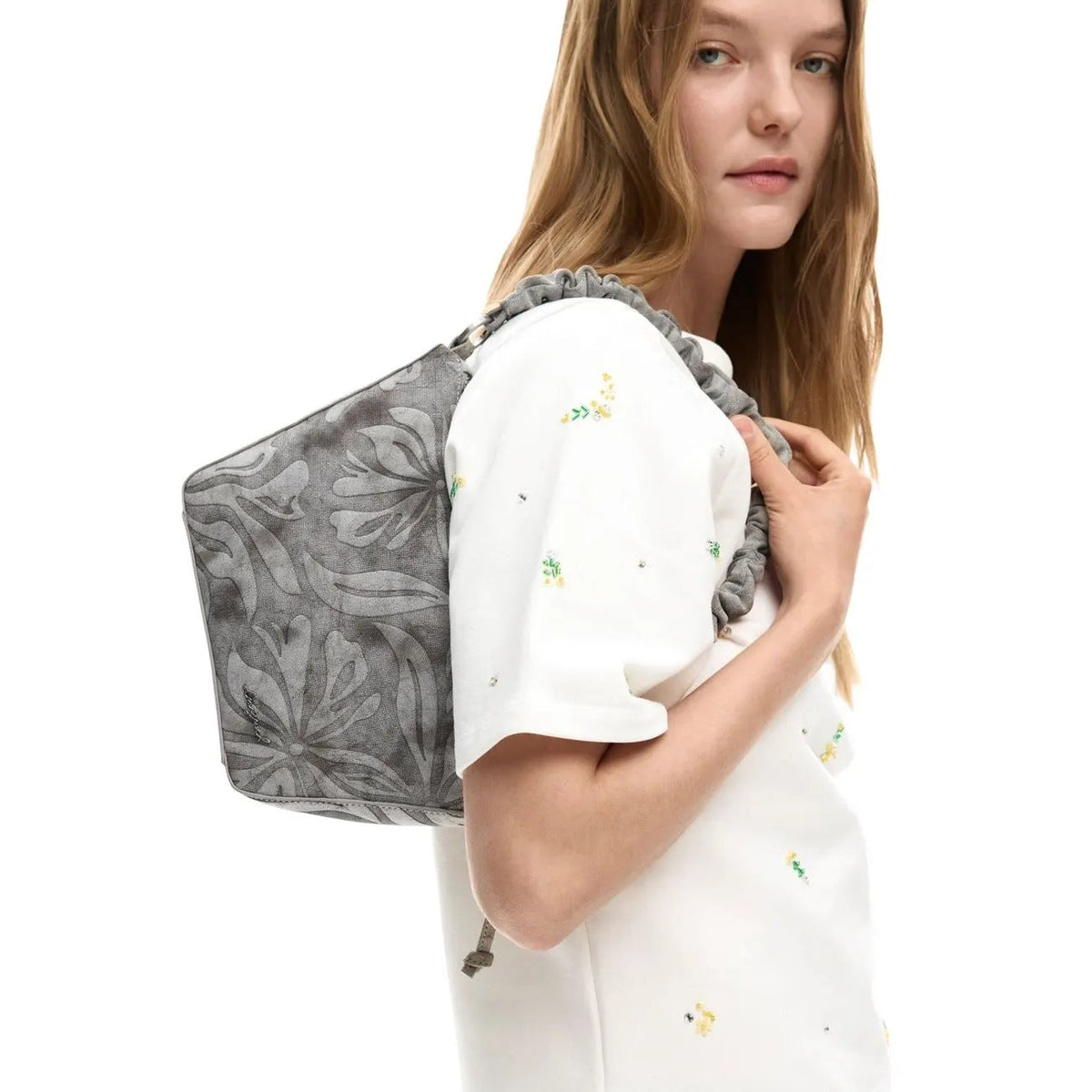Desigual Women Grey Floral Ruffle Handle Shoulder Handbag Purse by Desigual