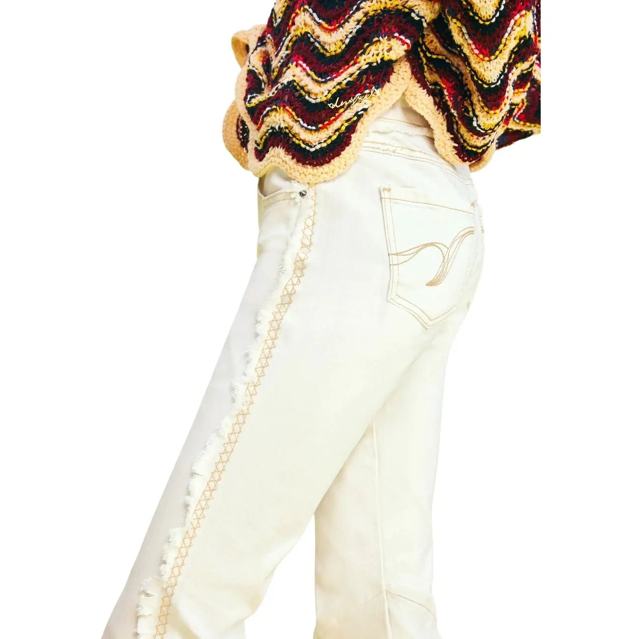 Desigual Women Beige Cotton Stretch Fringe Flare Wide Leg Jeans by Desigual