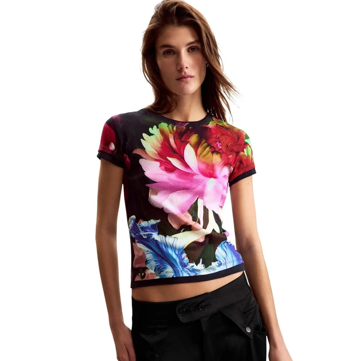Desigual Women Beautiful Floral Cotton T Shirt Short Sleeve Top Blue by Desigual