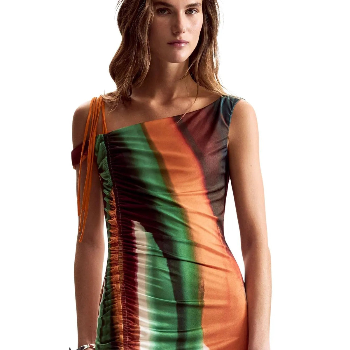 Desigual Women Vibrant Striped Cold Shoulder Ruched Stretch Midi Dress by Desigual