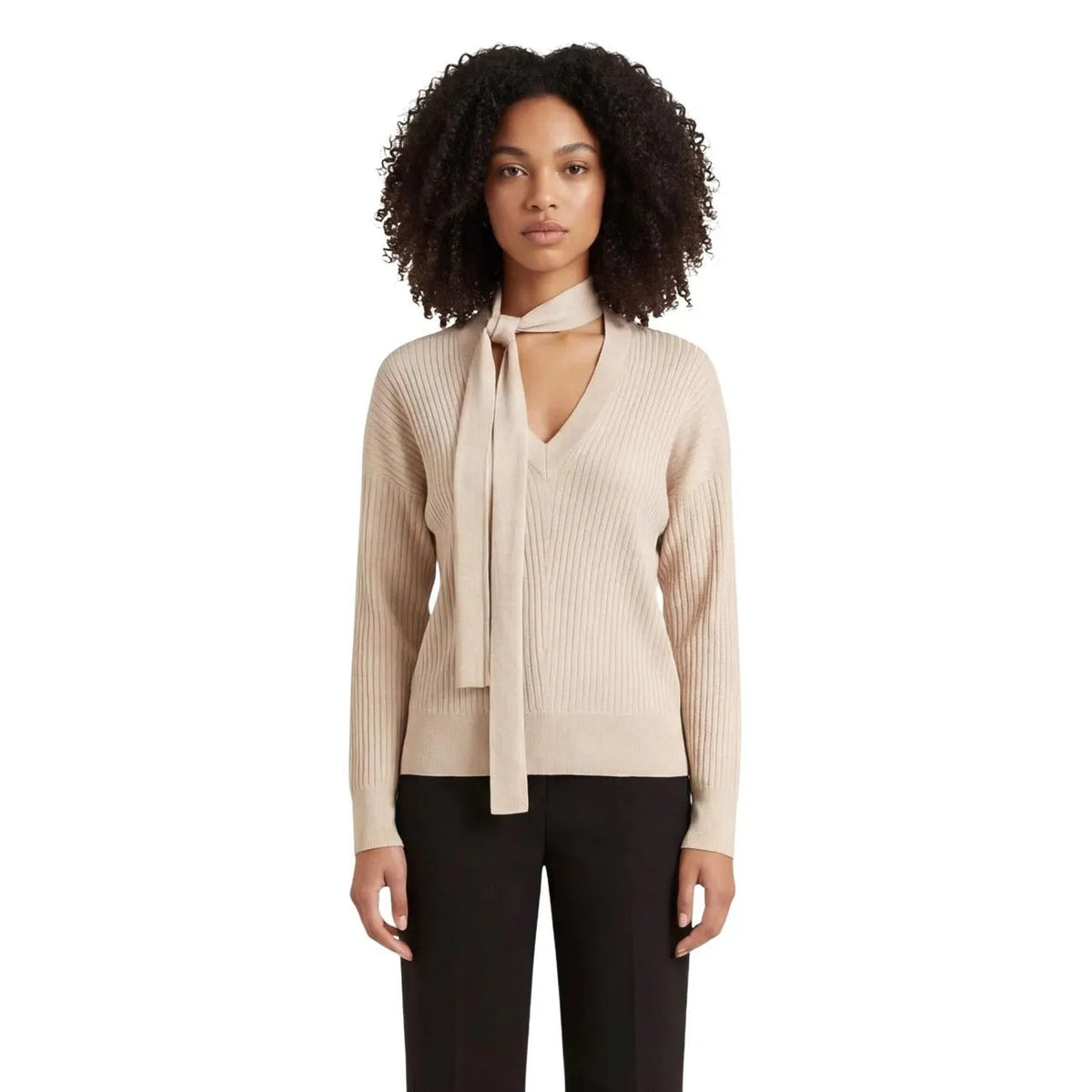 Liu Jo Women Elegant Beige Ribbed V Neck Knitwear With Tie Detail by Liu Jo