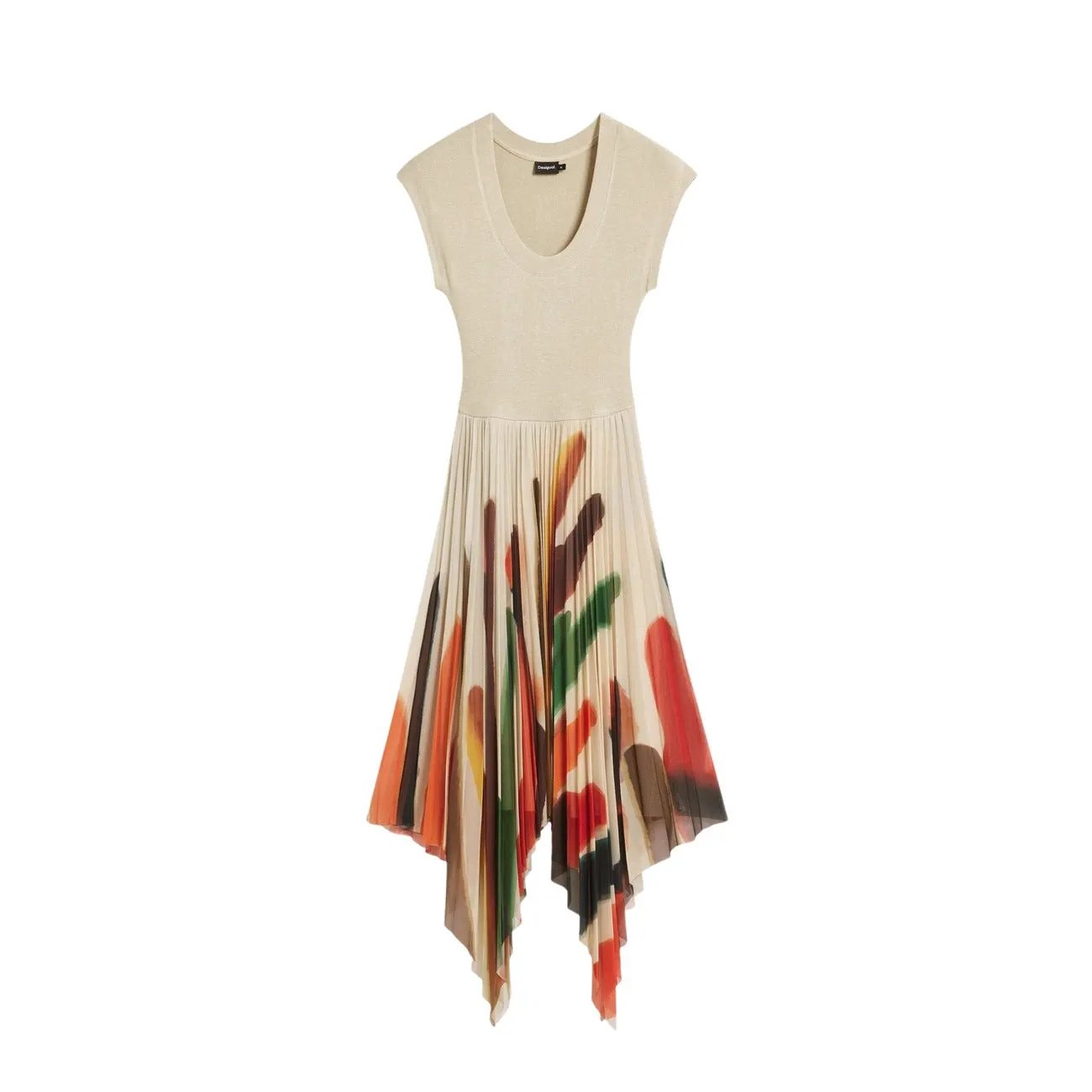 Desigual Women Beige Abstract Print Pleated Short Sleeve Dress Summer Elegant by Desigual