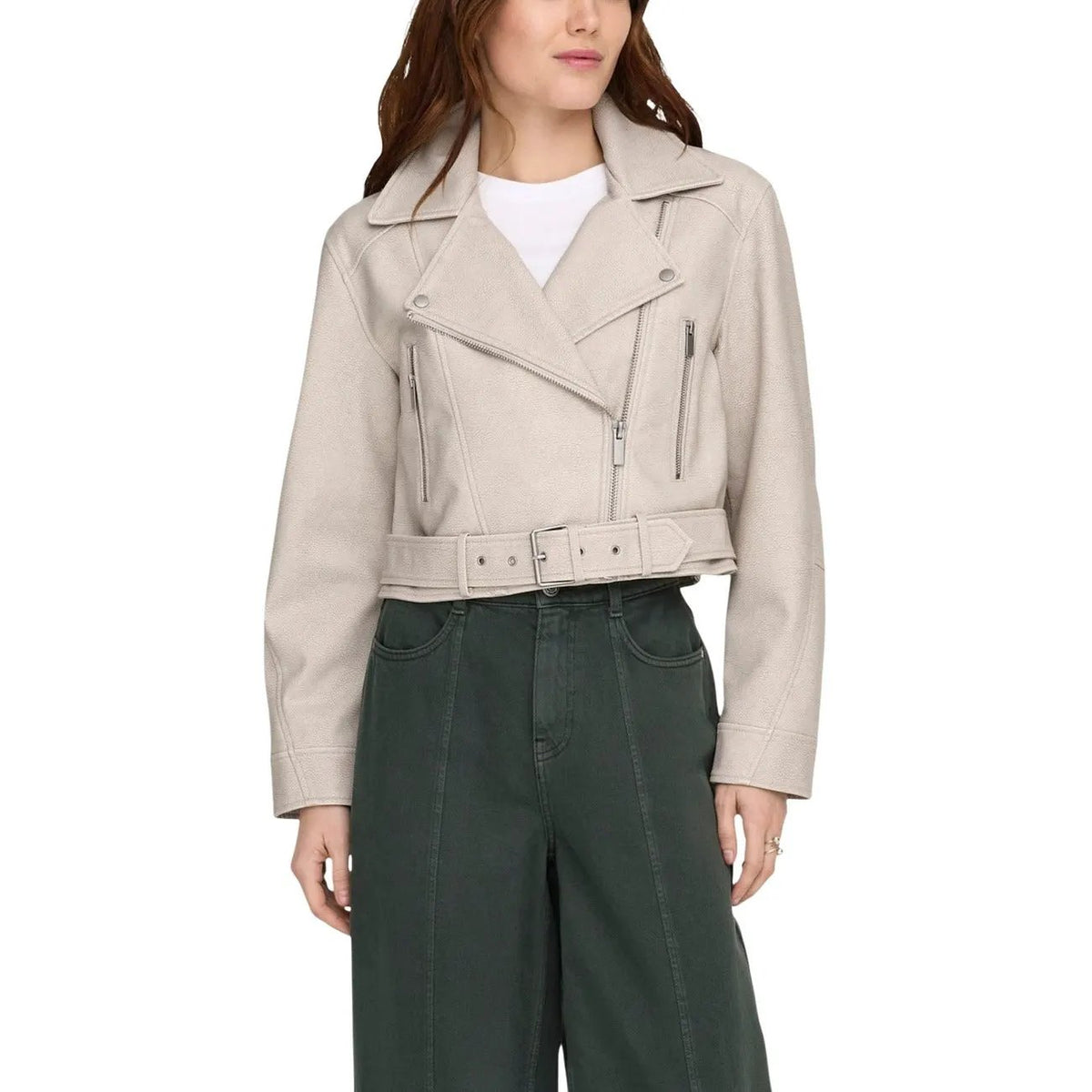 Only Women Beige Belted Lapel Collar Zip Front Blazer Jacket by Only