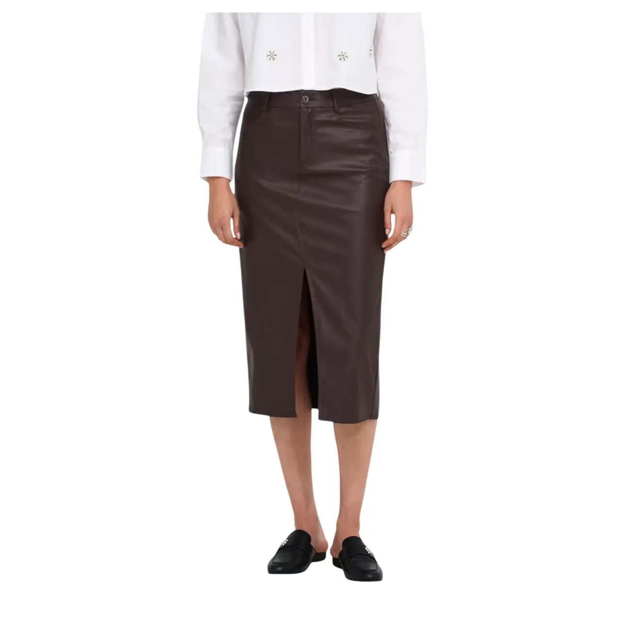 Only Women's Brown Faux Leather Pencil Skirt Slim Fit Side Pockets by Only