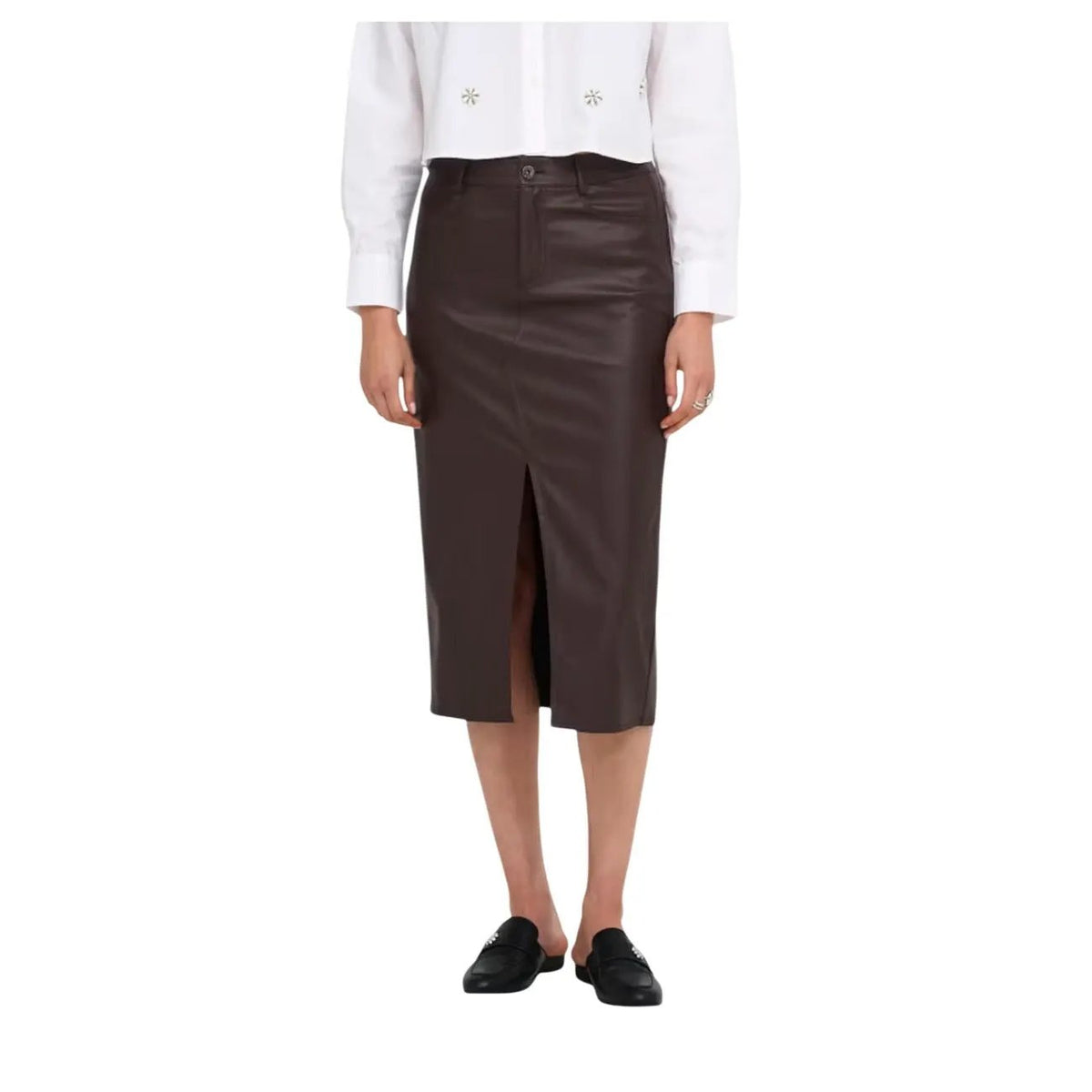 Only Women's Brown Faux Leather Pencil Skirt Slim Fit Side Pockets by Only
