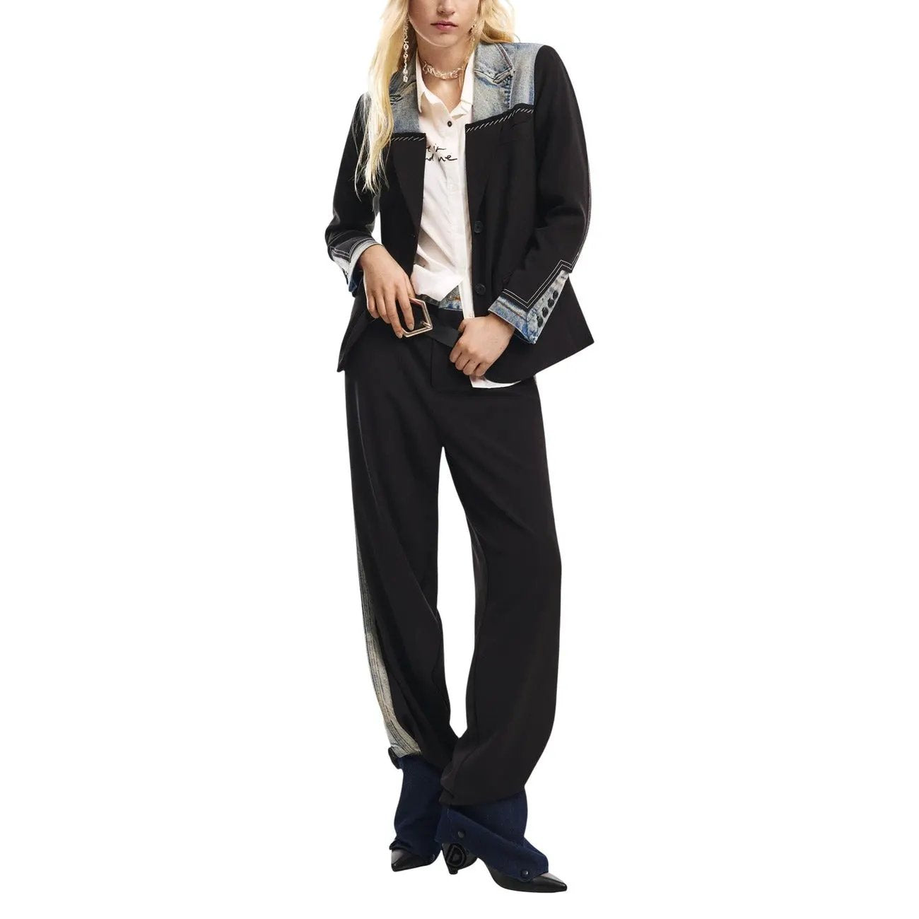 Stylish Desigual Women Black Stretch Blazer Denim Detail V Neck Lapel Jacket by Desigual