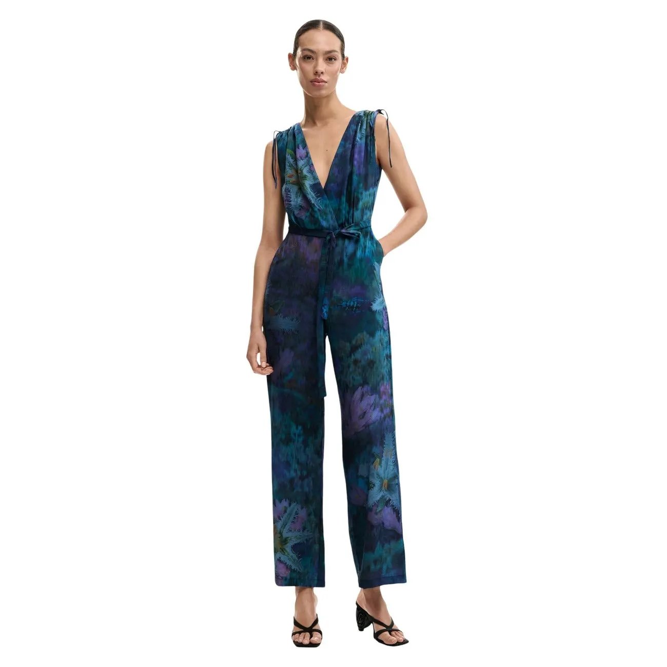 Desigual Women Elegant Blue Floral Print Sleeveless V Neck Jumpsuit by Desigual