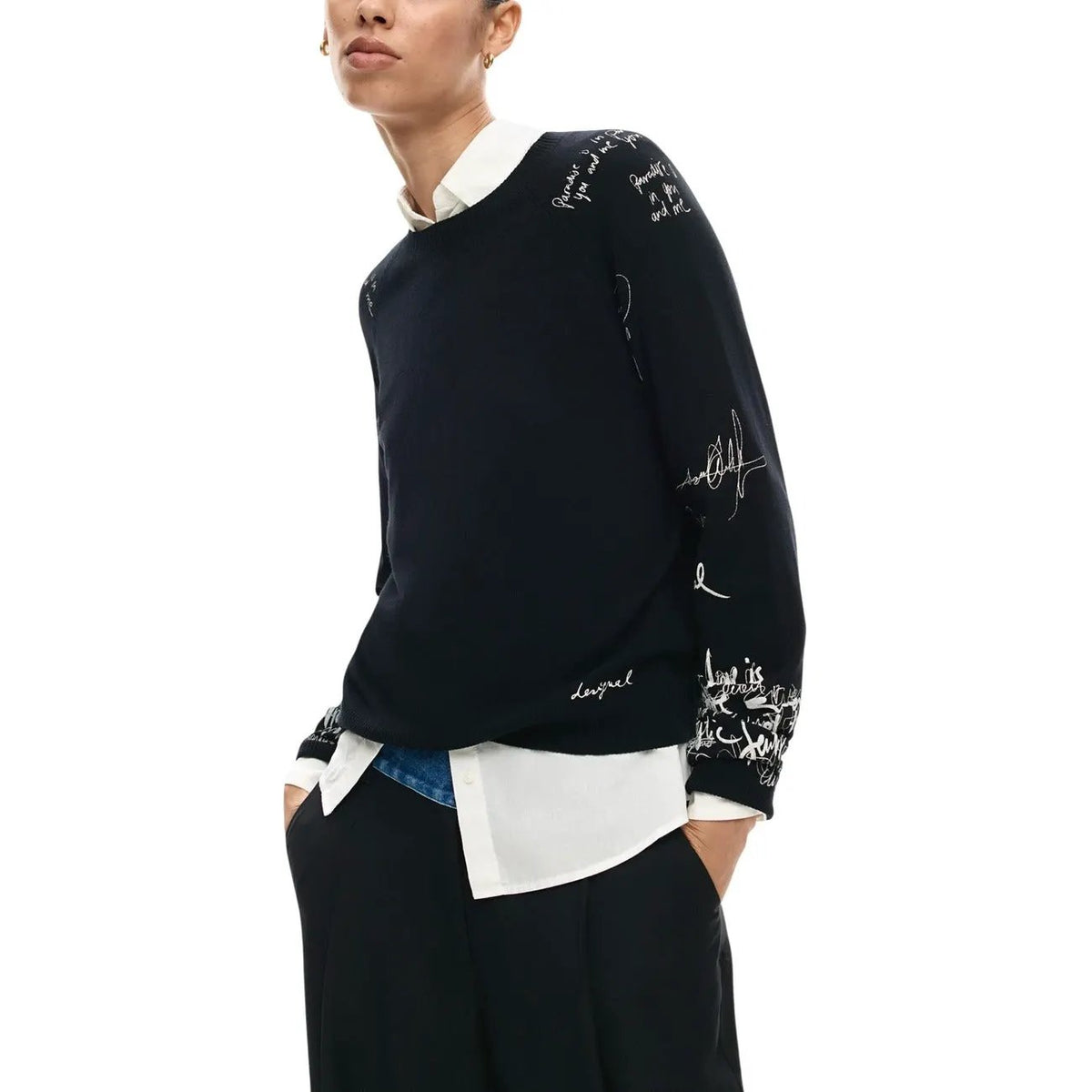 Desigual Women Elegant Black Script Print Long Sleeve Knitwear Sweater by Desigual
