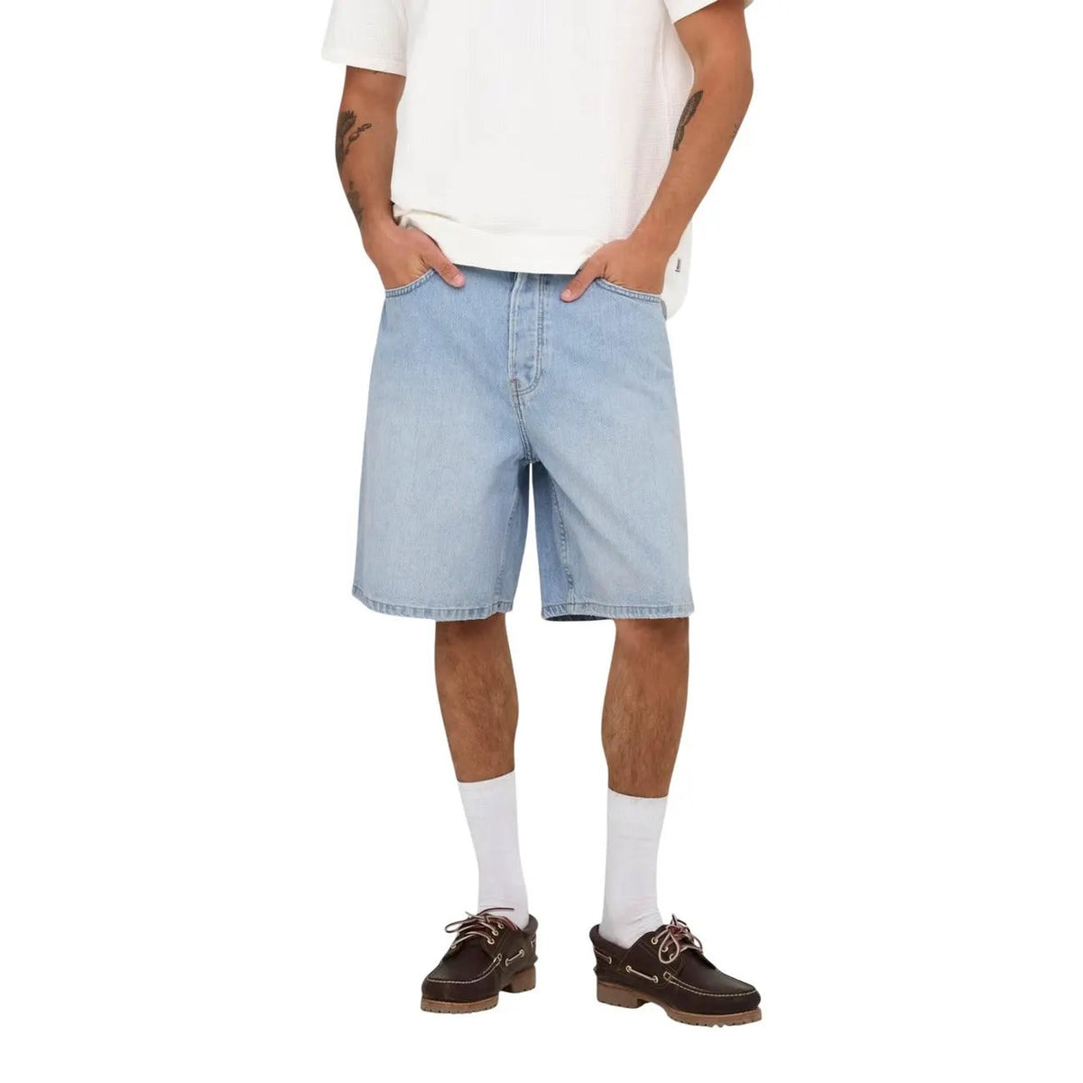 Only & Sons Men Blue Fade Organic Cotton Denim Shorts Relaxed Fit by Only & Sons