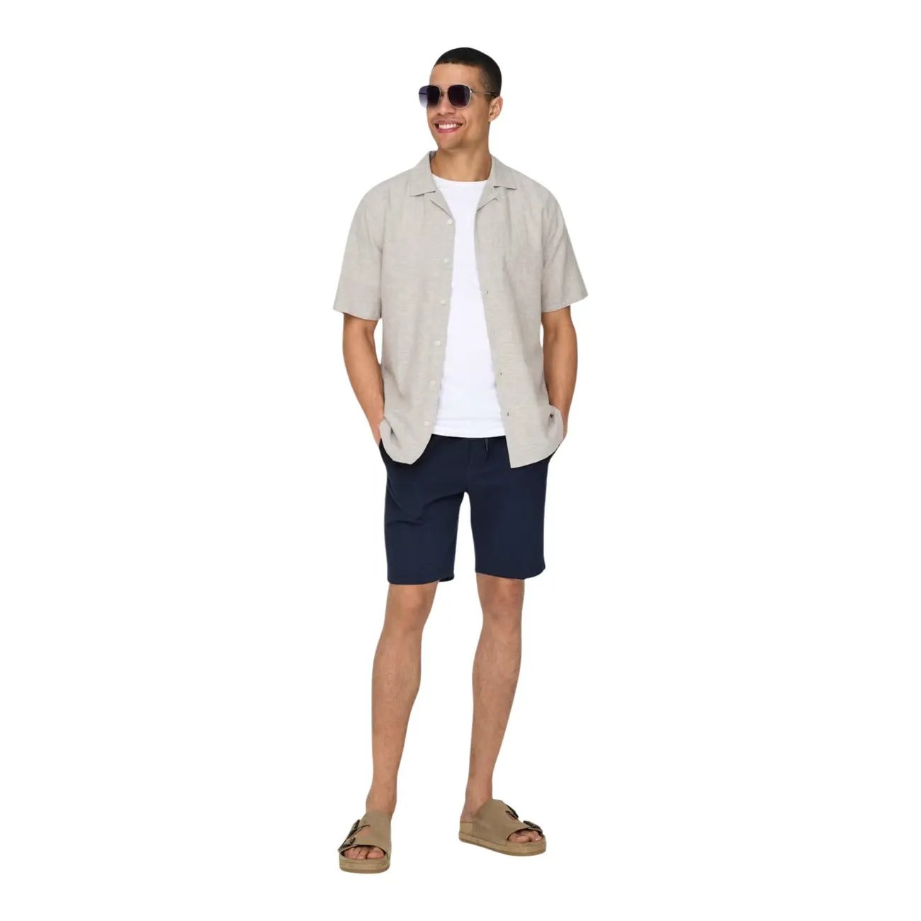 Only and Sons Men Beige Lightweight Short Sleeve Cotton Linen Shirt by Only & Sons