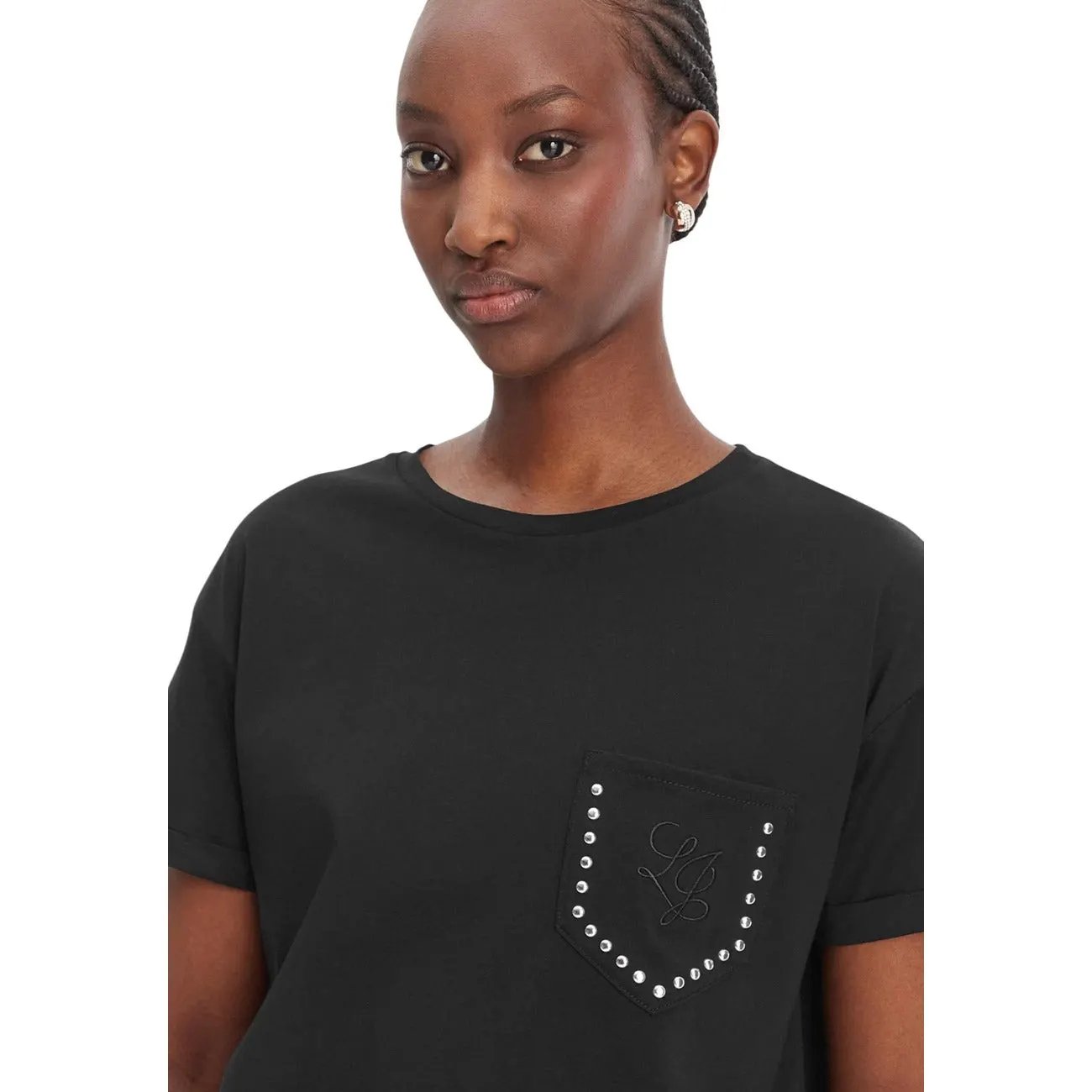 Liu Jo Women Black Cotton T-Shirt With Studded Pearl Details by Liu Jo