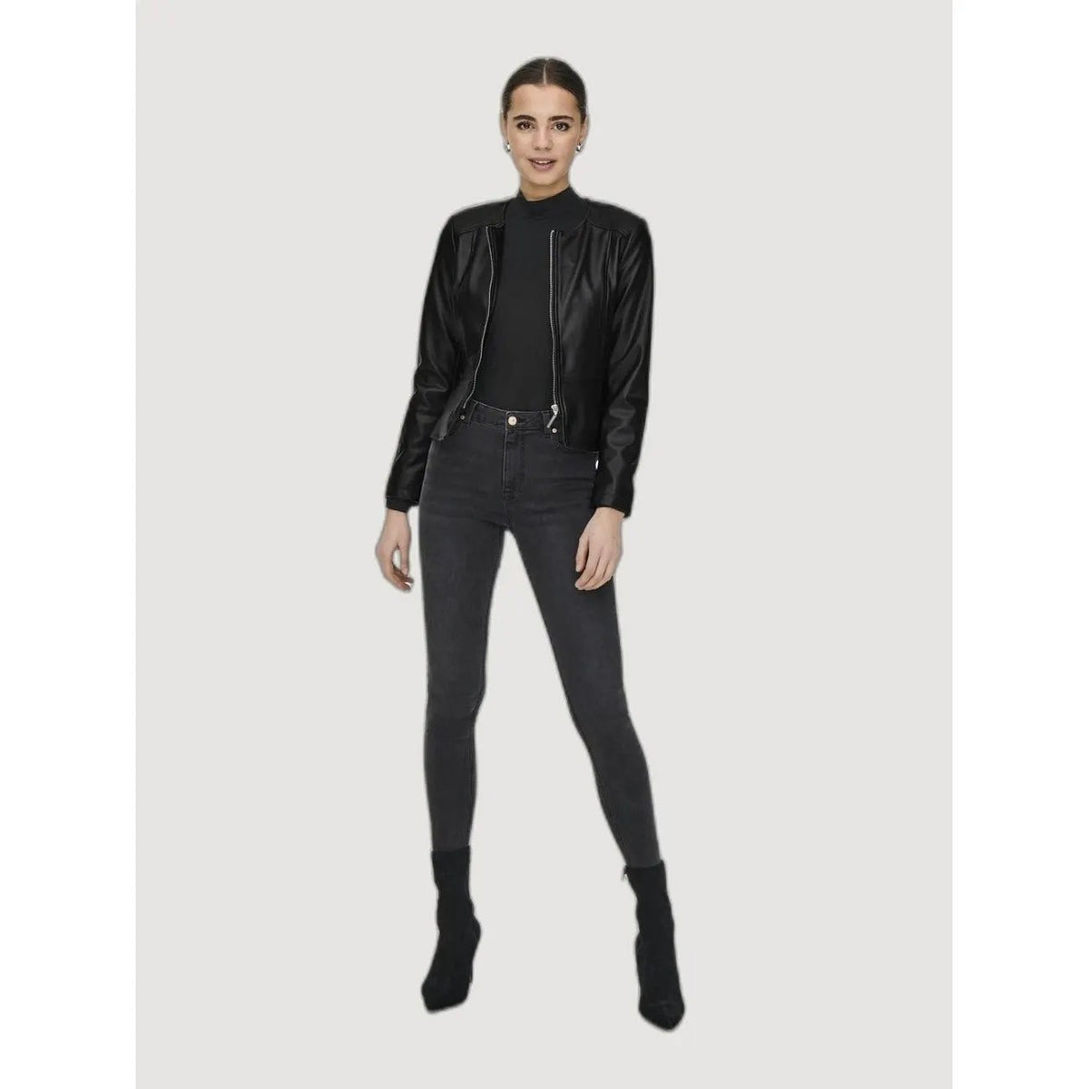 Only Women Black Zip Front PU Blazer Chic Peplum Long Sleeve Jacket by Only
