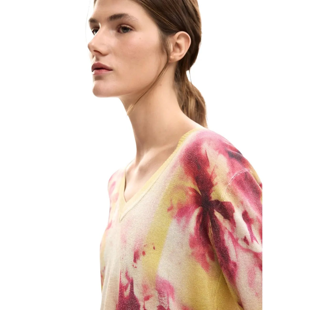 Desigual Women Elegant Floral V Neck Long Sleeve Knitwear Sweater Pink by Desigual