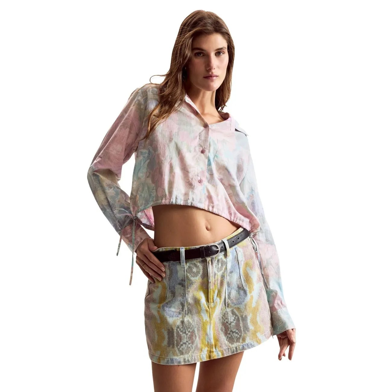 Desigual Women Stylish Pink Floral Long Sleeve Drawstring Crop Shirt by Desigual