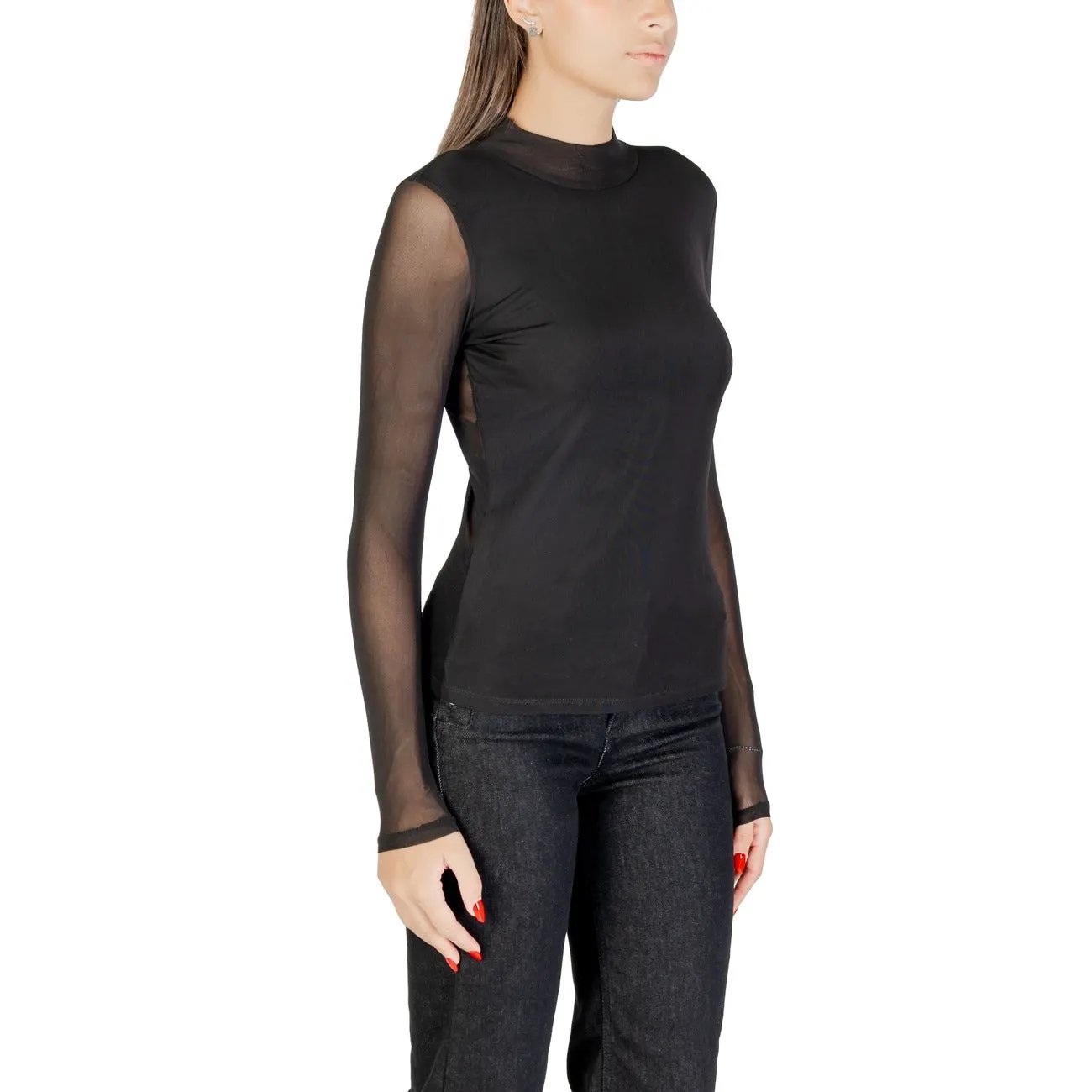 Only Women Black Long Sleeve Sheer Mesh Knitwear Top Stretchy Winter by Only