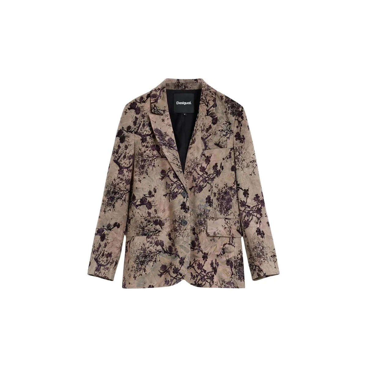Desigual Women Beige Floral Lapel Blazer Elegant Long Sleeve Jacket by Desigual