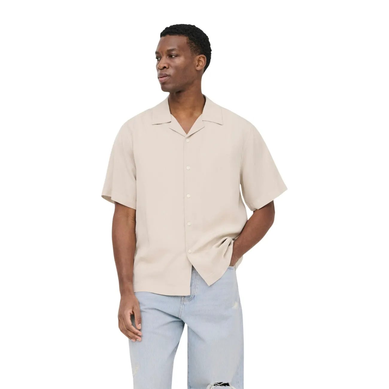 Only And Sons Mens Tencel V Neck Regular Fit Beige Short Sleeve Shirt by Only & Sons